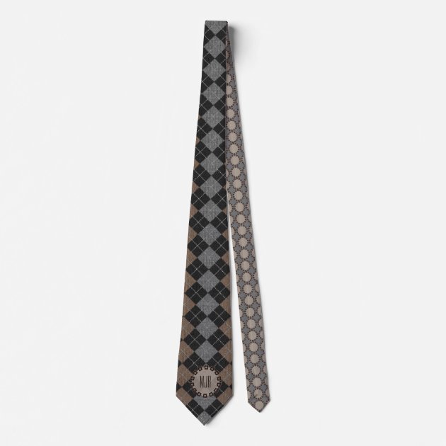 Two-Sided Brown, Gray and Black Argyle Monogram Tie-1