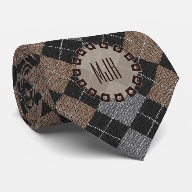 Two-Sided Brown, Gray and Black Argyle Monogram Tie