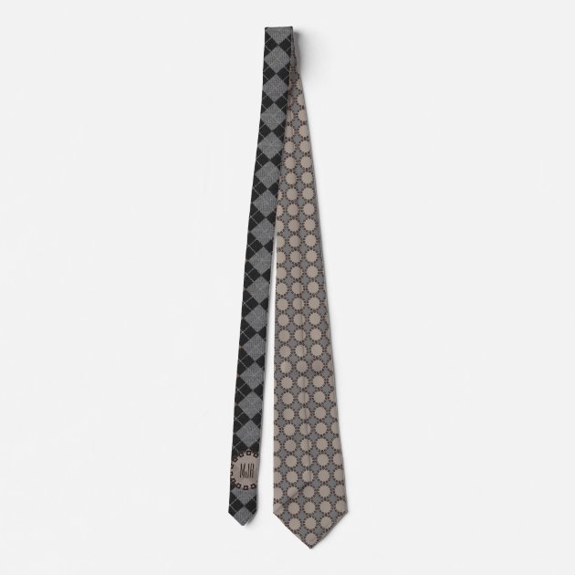 Two-Sided Brown, Gray and Black Argyle Monogram Tie-2