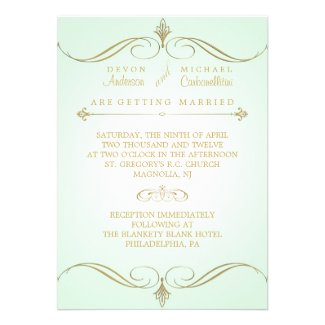 Two Sided Green & Gold Swirl Wedding Invitation