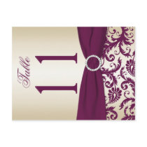 Two-sided Plum and Champagne Damask Table Number Postcards