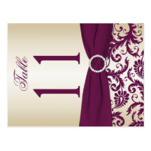 Two-sided Plum and Champagne Damask Table Number Postcards