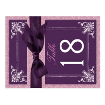 Two-Sided Plum Damask Table Number Postcards