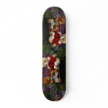 Two smokey bear dolls placed in garden bench skateboards