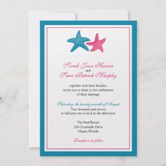 Two Starfish Peacock and Pink Wedding zazzle_invitation