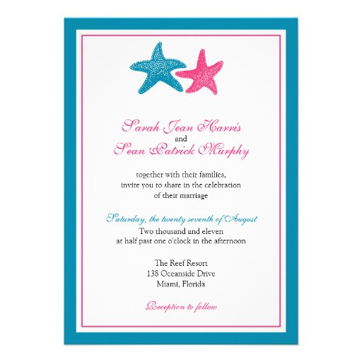 Two Starfish Peacock and Pink Wedding Announcements