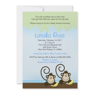Two twin Silly Monkeys Boys Baby Shower 5x7 invitation