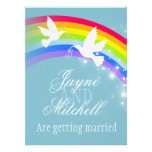 Two white doves rainbow wedding blue grey invite invitations