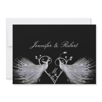 Two White Peacocks and Heart Monogram on Black invitation