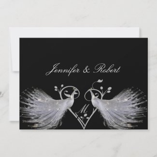 Two White Peacocks and Heart Monogram on Black invitation