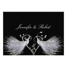 Two White Peacocks and Heart Monogram on Black Custom Announcements