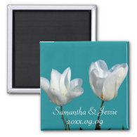 two white tulip flowers, save the date refrigerator magnet