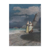 Two Women on a Gray Shingle Beach at Night