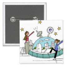 Two women sitting on top of a city pinback buttons
