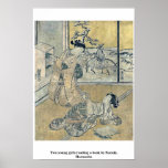 Two young girls reading a book by Suzuki, Harunobu posters