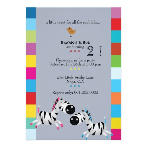 Two Zebras - Blue twins birthday party invites