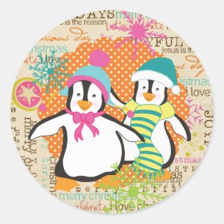 Typography and Penguins Holiday Round Sticker