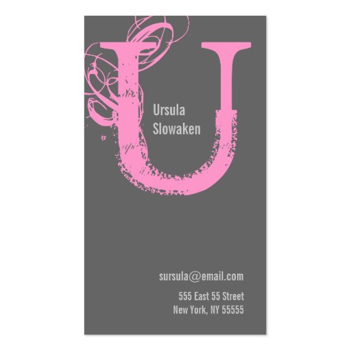 U Letter Alphabet Business Card Pink Grey (front side)