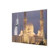 UAE, Dubai. Mosque in evening with Burj al Arab Gallery Wrapped Canvas