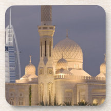 UAE, Dubai. Mosque in evening with Burj al Arab Drink Coaster
