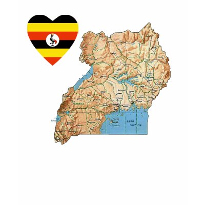 physical map of uganda. Distinctive t-shirt featuring a physical map of Uganda plus a heart shaped 