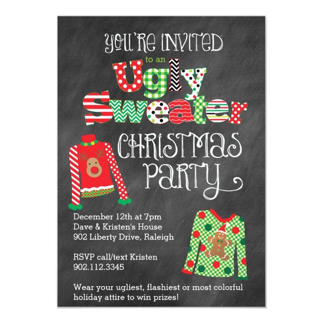 Ugly Sweater Christmas Party Chalkboard Style Card (front side)