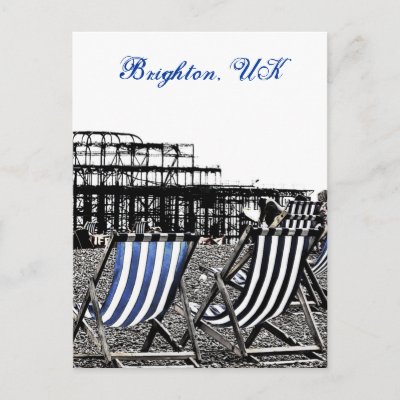 (UK) Empty Deckchairs, burnt Pier Postcard postcard