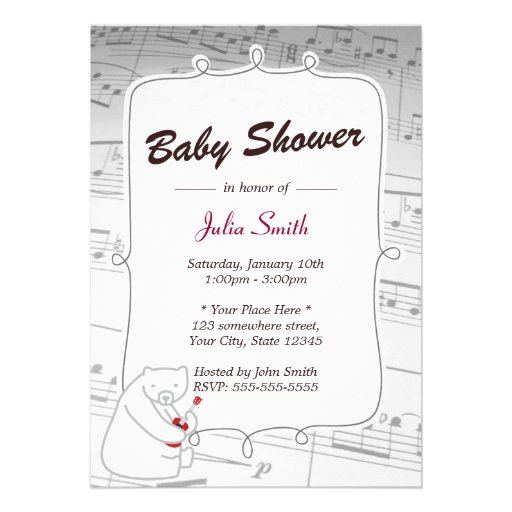 Uke Bear Music Notes Baby Shower Invitations
