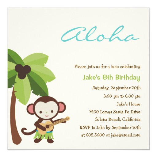 Ukulele Monkey Luau Party Invitation (front side)