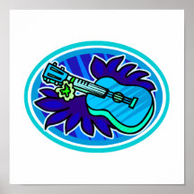 Ukulele with leaves and flowers circle, blue poster