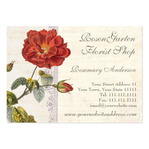 Ultra Elegant Old Fashioned Red Rose for Gardener Business Card Templates (back side)
