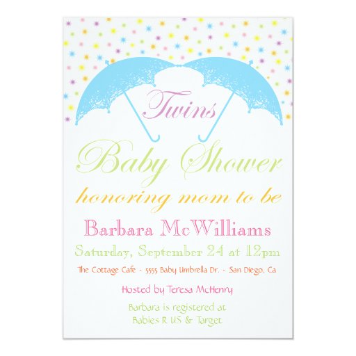 Umbrella Baby Boy Twins Shower Invitations (front side)