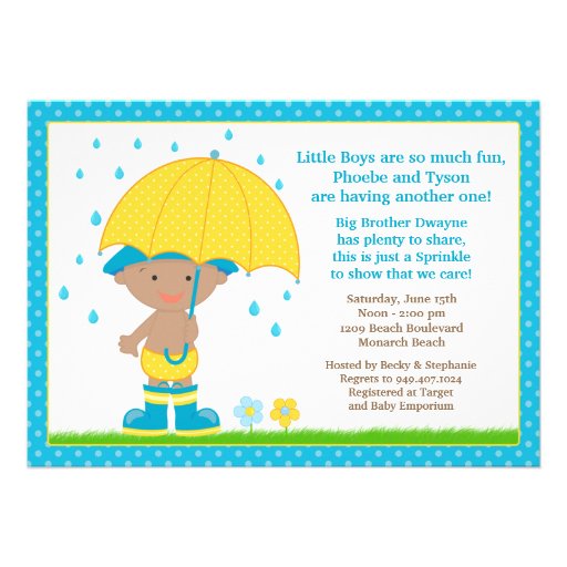Umbrella Baby Sprinkle Shower African American Boy Invite