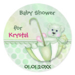 Umbrella Bear Mint Polka Dot Baby Shower Round Sticker