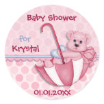 Umbrella Bear Pink Polka Dot Baby Shower Round Sticker