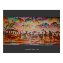umbrella market, african marketplace, africa, african, plaza, culture, shopping, fine art, abstract art, women, men, greeting card, card, painting, Cartão postal com design gráfico personalizado