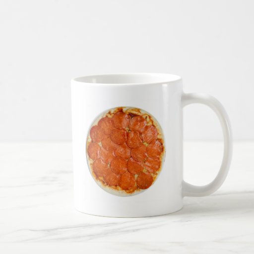 Uncooked pepperoni and cheese pizza coffee mugs