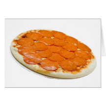 Uncooked pepperoni and cheese pizza greeting card