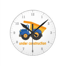 Under Construction Blue Truck Round Clock at Zazzle
