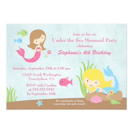 Under the sea mermaid girl's birthday party invite (front side)