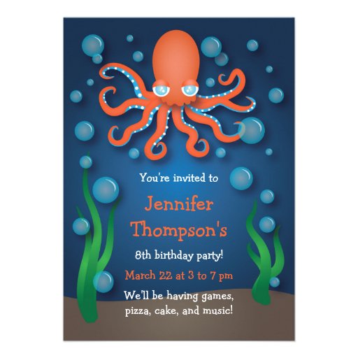 Under the Sea Orange Octopus Birthday Invitations