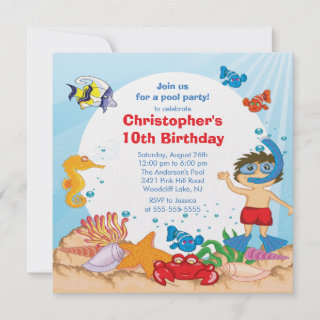    Birthday Party on Left  Under The Sea Pool Party Birthday Invitation Boy By