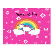 Unicorn on clouds pink snowflakes postcard