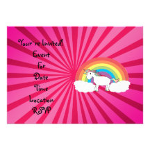 Unicorn on clouds pink sunburst personalized invite