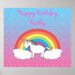 Unicorn on rainbow and blue pink stars poster