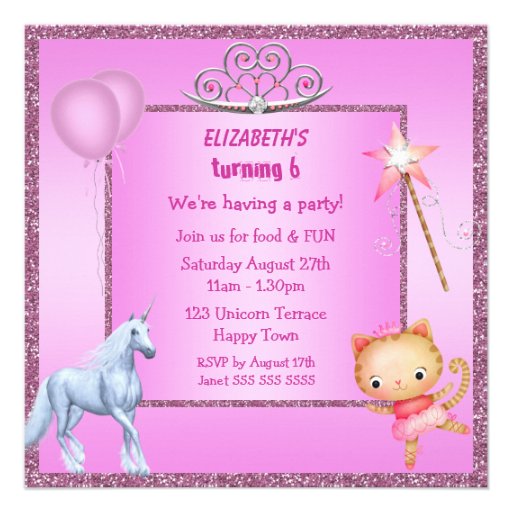 Unicorn, Princess Kitty, Tiara & Glitter Invites