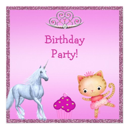 Unicorn, Princess Kitty, Tiara & Glitter Invites