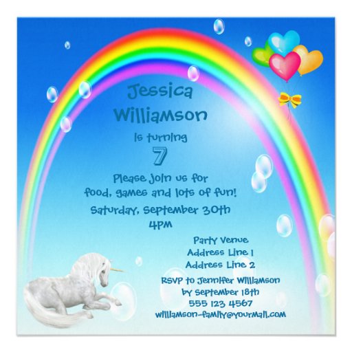 Unicorn, Rainbow Bubbles & Balloons Birthday Party Custom Announcements