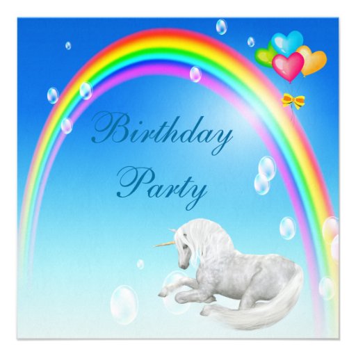 Unicorn, Rainbow Bubbles & Balloons Birthday Party Custom Announcements