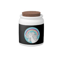 Unicorn surrounded by rainbow and dots black candy jars